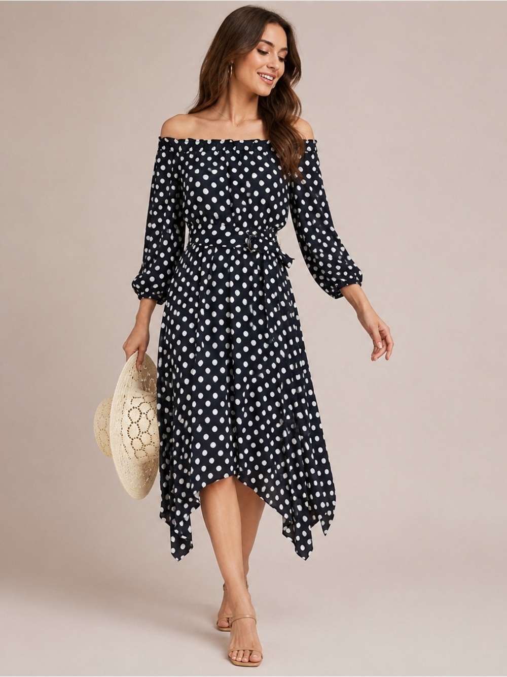 Anthropologie Navy and White Polka Dot Asymmetrical Off-Shoulder Dress